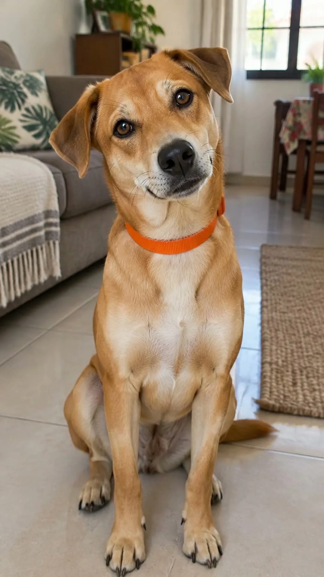 Caramelo, vira-lata caramelo de coleira laranja, sentado na sala olhando para a câmera