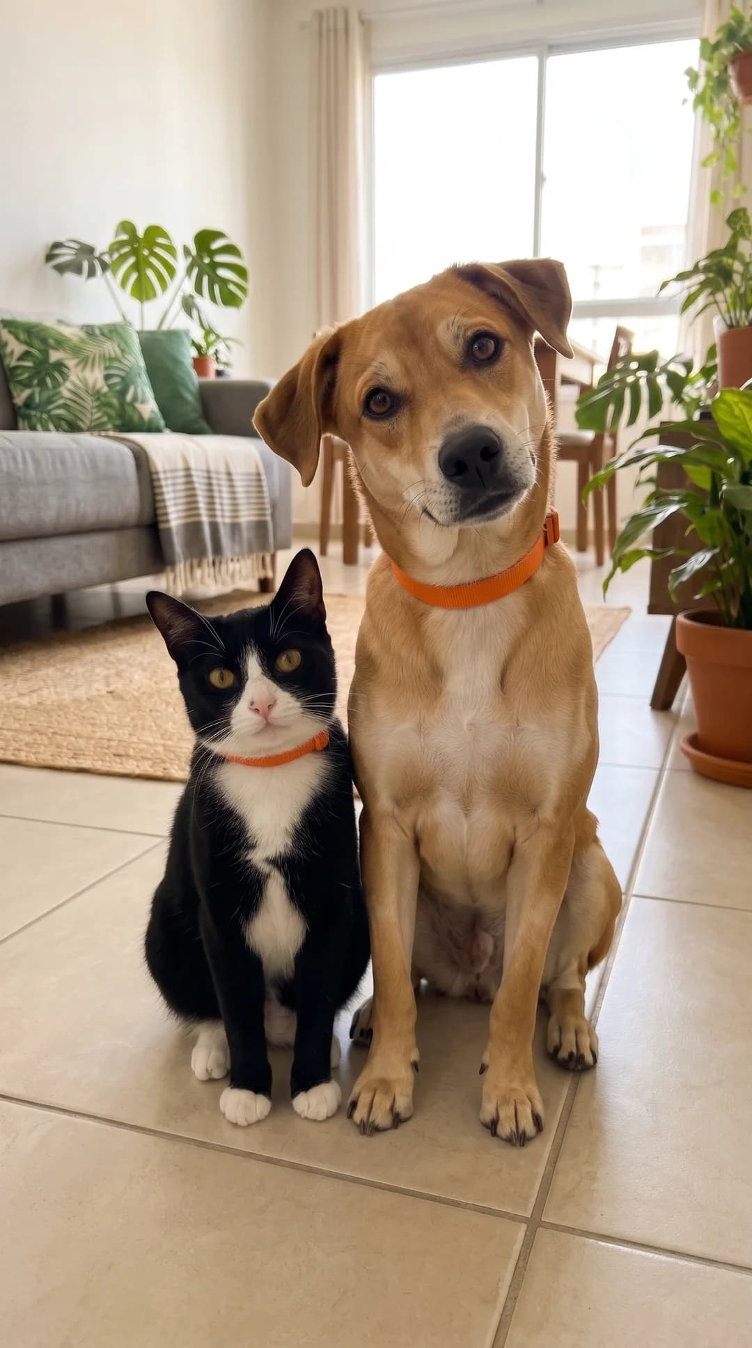 Pipoca, gata frajola de coleira laranja, sentada ao lado do Caramelo na sala